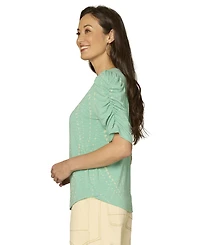 Democracy Petite Printed Ruched-Sleeve Scoop-Neck Top