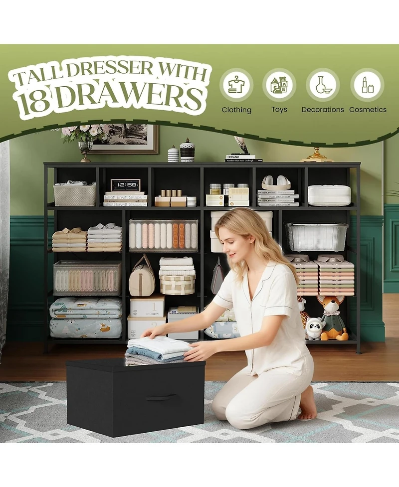 gaomon 18 Drawer Long Dresser with Fabric Drawers, Sturdy Metal Frame, Pu Handles, Spacious Storage Cabinet for Bedroom, Living Room, or Entryway