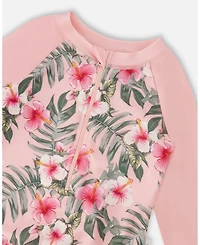 Deux par Girls One-Piece Long Sleeve Rashguard Pink Hibiscus Print
