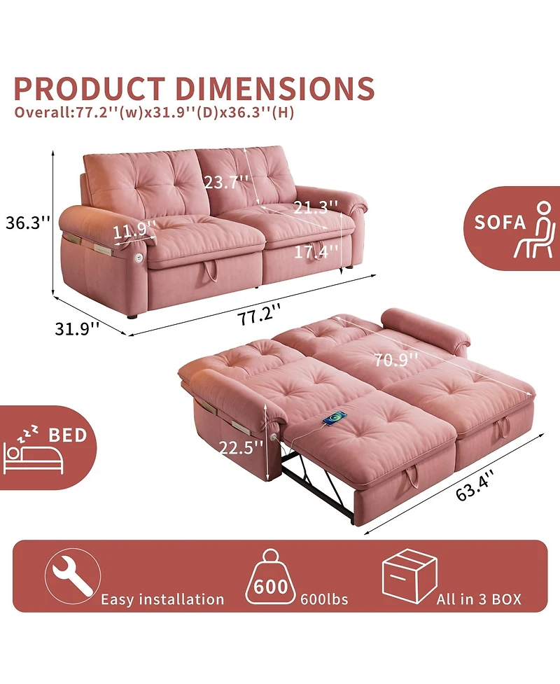 Boyel Living Multifunctional Sofa Bed, 77-inch Modern Velvet Fabric Convertible Sofa Couches, 2-in-1 Pull Out Sofa Bed with Usb Charger, Beige
