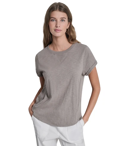 Dkny Sport Women's Embroidered Crewneck Logo Roll-Sleeve Top