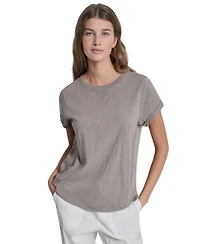 Dkny Sport Women's Embroidered Crewneck Logo Roll-Sleeve Top