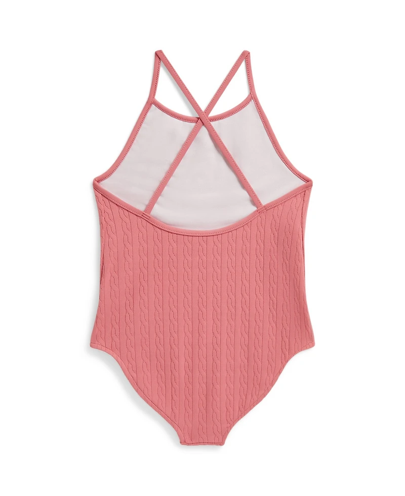 Polo Ralph Lauren Girls' 2T-6X Mini-Cable Jacquard Round Neck One-Piece Swimsuit