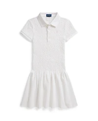 Polo Ralph Lauren Girls' 7-16 Smocked Stretch Mesh Four-Button Placket Dress