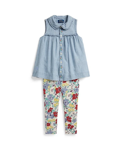 Polo Ralph Lauren Girls' 2T-6X Cotton Chambray Top and Jersey Pants, 2-Piece Set