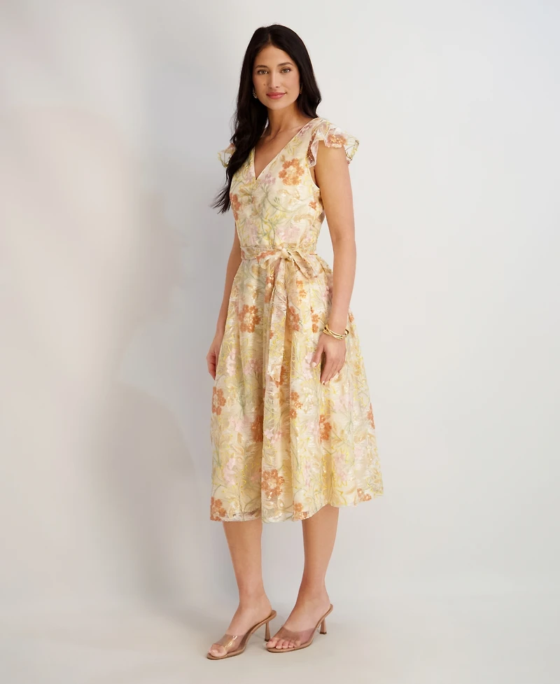 kensie Women's Embroidered Sequin V-Neck Mesh Dress