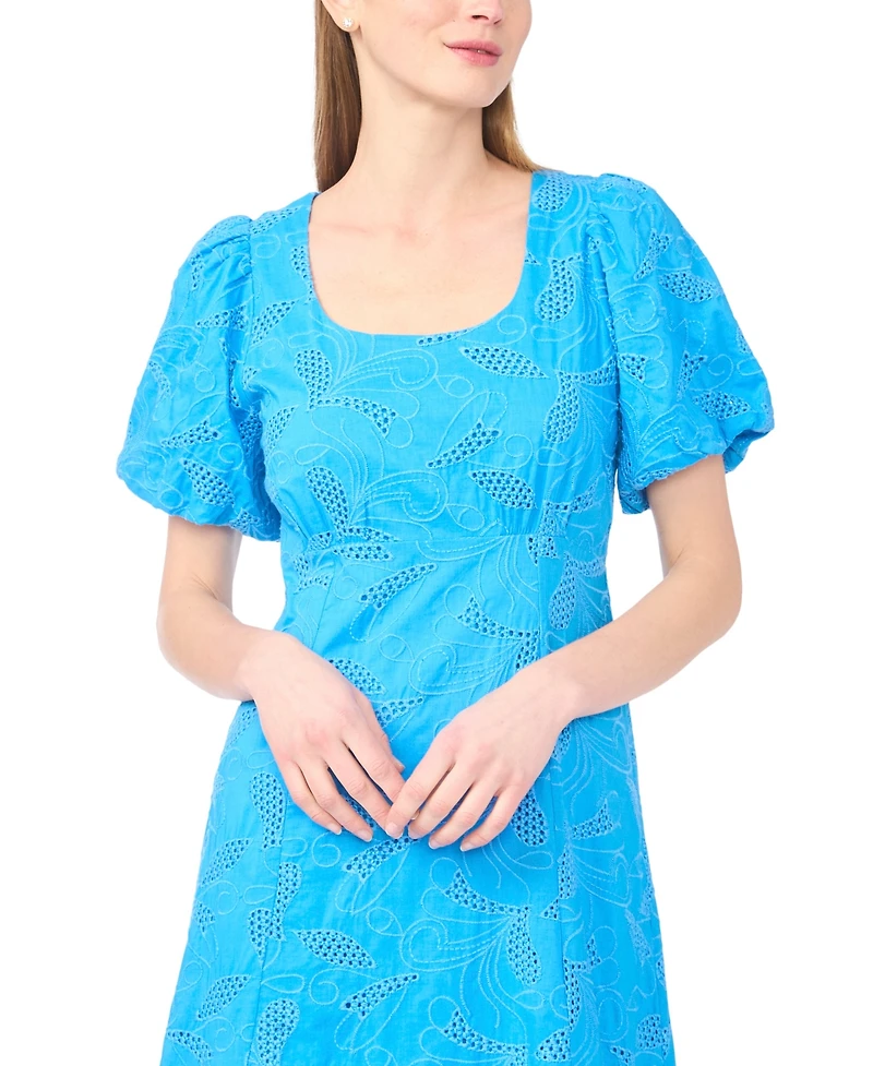 CeCe Women's Bubble Sleeve Scoop Neck Eyelet Midi Dress