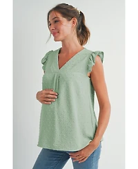 Hello Miz Women's Swiss Dot Flutter Cap Sleeve V-Neck Maternity Top