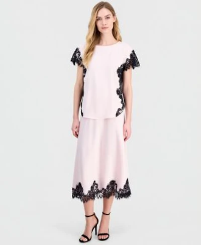 Anne Klein Womens Short Sleeve Lace Trim Top Pull On Lace Trim Midi Skirt