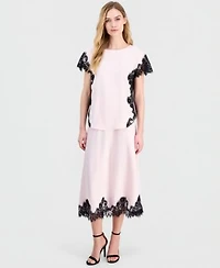 Anne Klein Womens Short Sleeve Lace Trim Top Pull On Lace Trim Midi Skirt