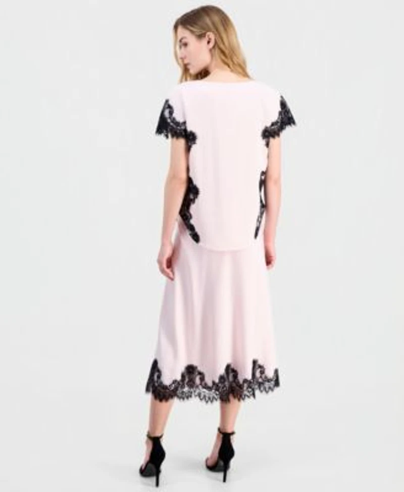 Anne Klein Womens Short Sleeve Lace Trim Top Pull On Lace Trim Midi Skirt