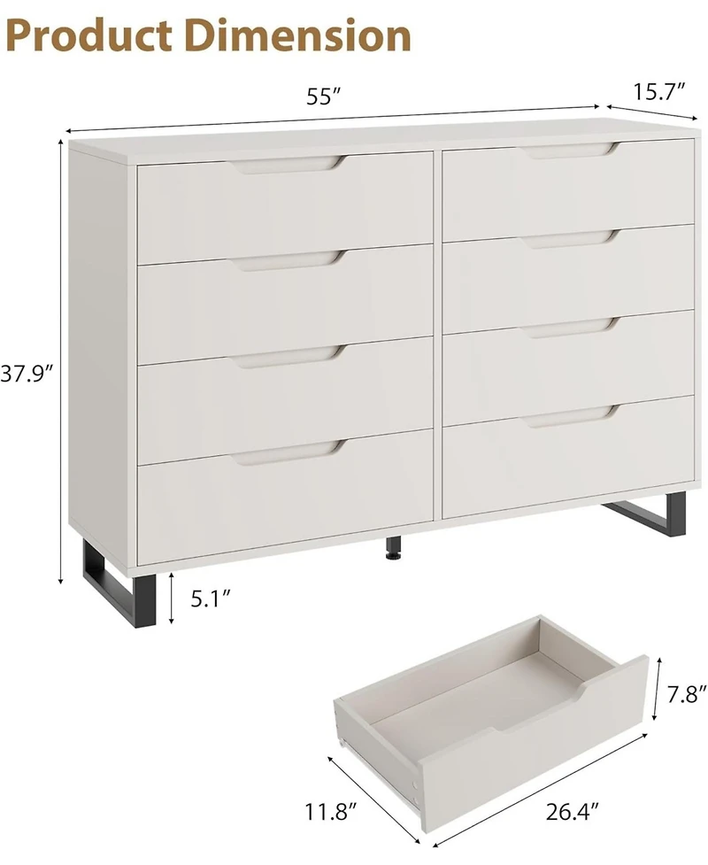gaomon Farmhouse Tv Stand with 8 Drawers, 55" Wide Entertainment Center for TVs up to 75 Inch with Metal Legs