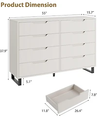 gaomon Farmhouse Tv Stand with 8 Drawers, 55" Wide Entertainment Center for TVs up to 75 Inch with Metal Legs