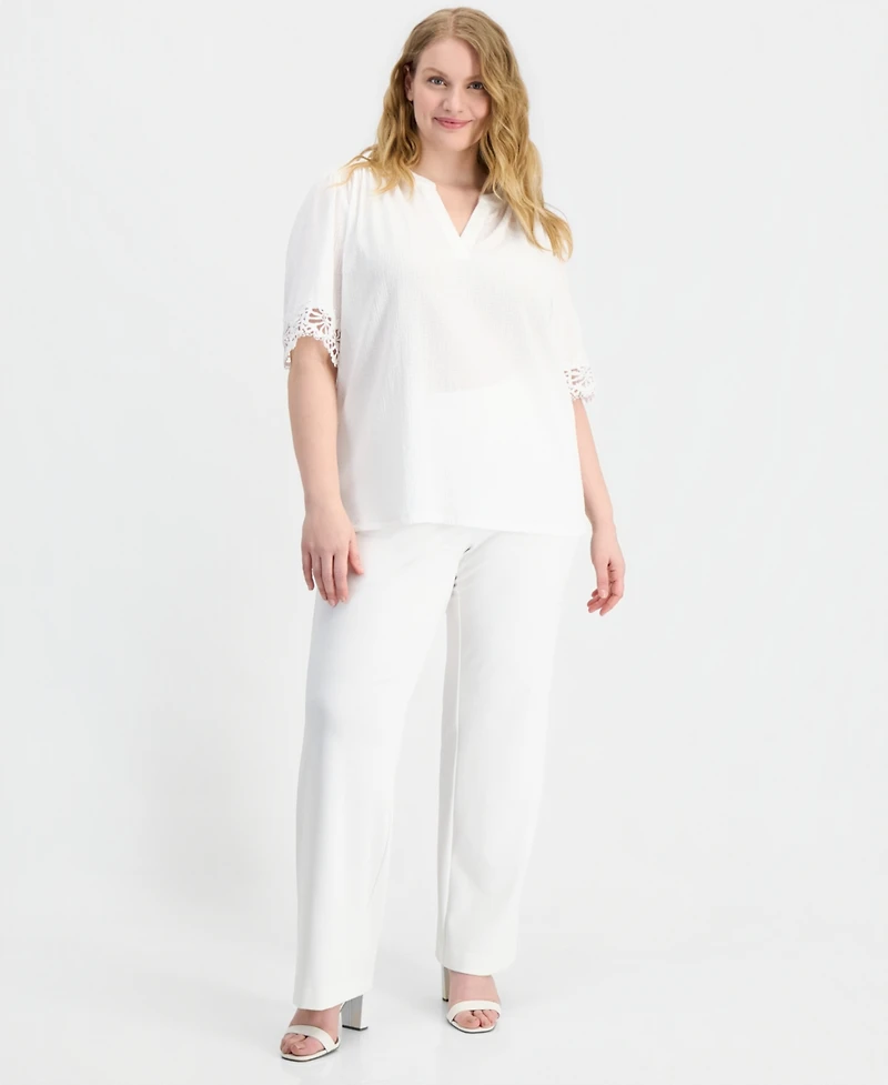 Anne Klein Plus Split-Neck Lace-Trim Elbow-Sleeve Top