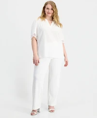 Anne Klein Plus Split-Neck Lace-Trim Elbow-Sleeve Top
