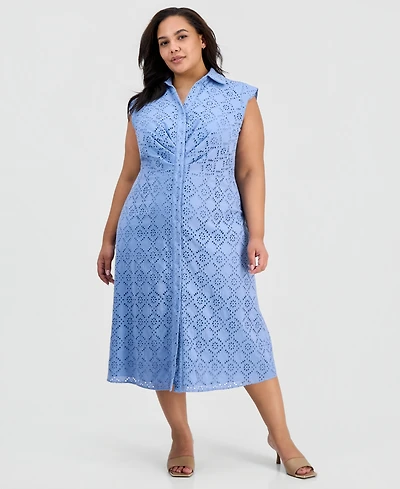 Anne Klein Plus Eyelet-Embroidered Sleeveless Shirtdress