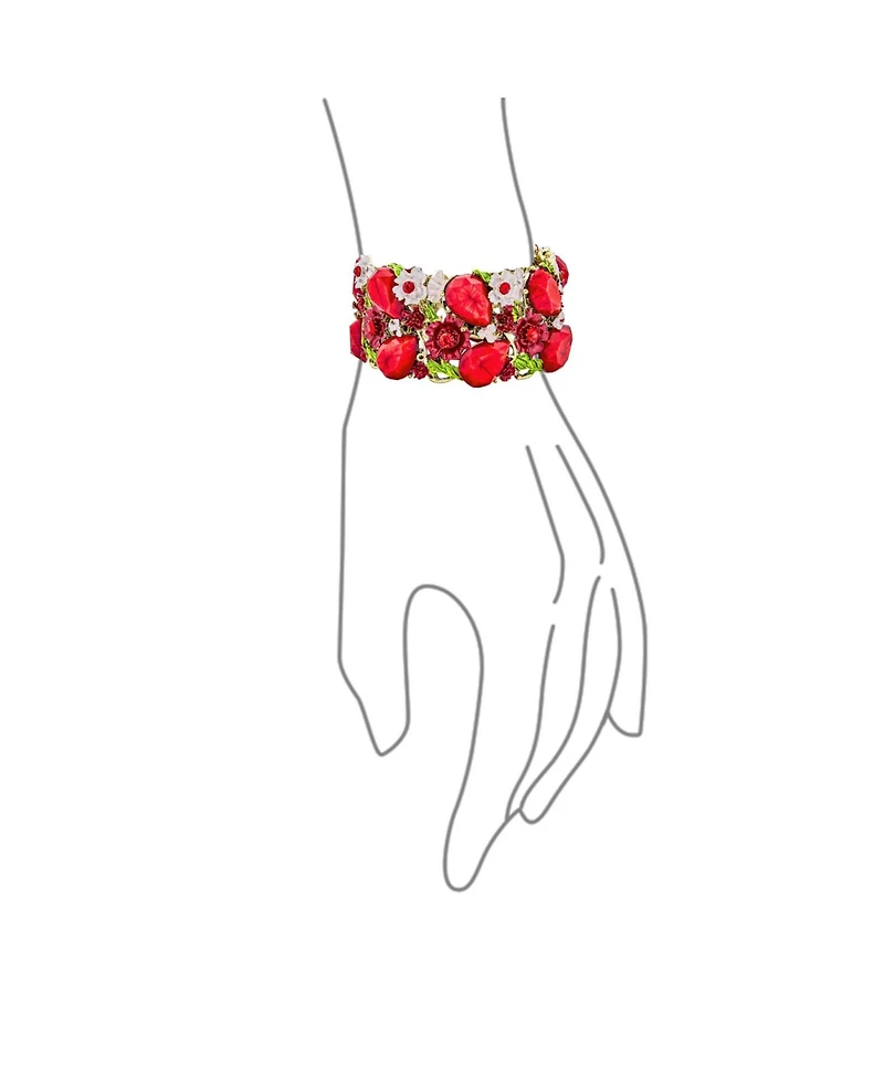 Bling Jewelry Wide Red Crystal Flower Cuff Bracelet in Oxidized Gold Plating Flexible Design
