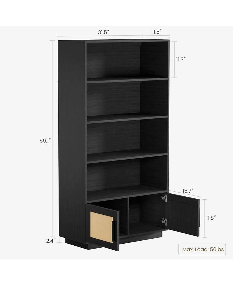 gaomon 5 Tier Bookshelf, Boho Bookcase with Rattan Doors, Wooden and Bookshelf Storage, Tall Book Stand, Large for Living Room