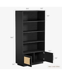 gaomon 5 Tier Bookshelf, Boho Bookcase with Rattan Doors, Wooden and Bookshelf Storage, Tall Book Stand, Large for Living Room