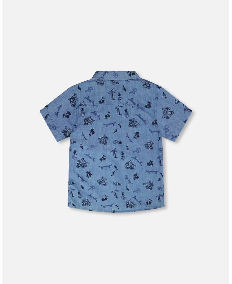 Deux par Big Boys Chambray Short-Sleeve Shirt Blue Printed Skateboards