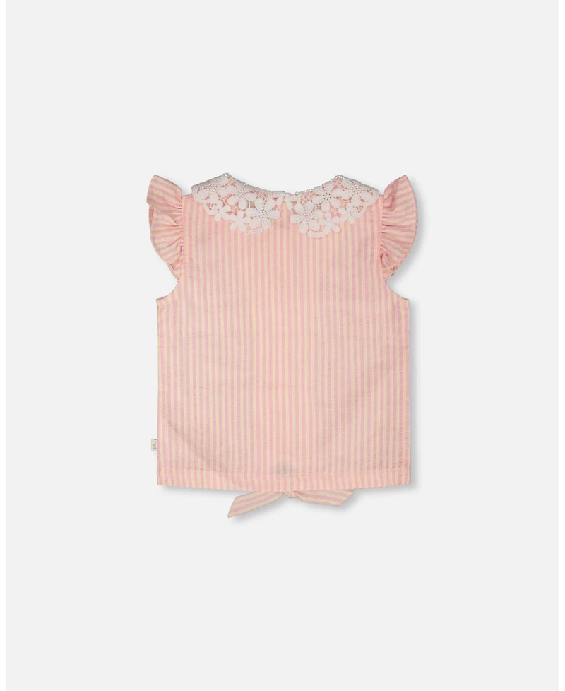 Deux par Toddler Girls Sleeveless Shirt Pink and Yellow Stripes with Crochet Collar - Toddler|Child