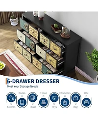 Gaomon Rustic 6 Drawer Wood Dresser with Metal Handles, Retro Floral Farmhouse Chest for Bedroom/Living Room