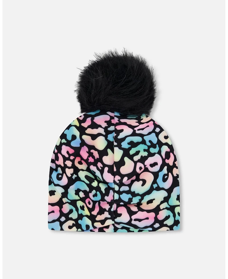 Deux par Deux Baby Girls Stretch Jersey Hat Black Animal Print with Pompom