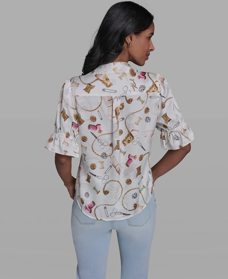 Karl Lagerfeld Paris Women's All-Over Printed Button Front Blouse