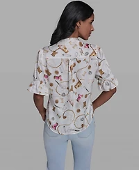Karl Lagerfeld Paris Women's All-Over Printed Button Front Blouse
