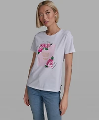 Karl Lagerfeld Paris Women's Rose Print Crew Neck T-Shirt