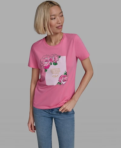 Karl Lagerfeld Paris Women's Rose Print Crew Neck T-Shirt