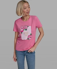 Karl Lagerfeld Paris Women's Rose Print Crew Neck T-Shirt