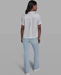 Karl Lagerfeld Paris Women's Short-Sleeve Floral Collared Shirt