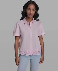 Karl Lagerfeld Paris Womens Collared Lace Trimmed Short Sleeve Blouse
