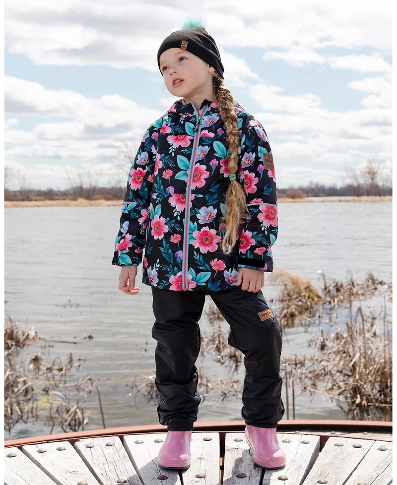 Deux par Girl 3-in-1 Two-Piece Mid-Season Outerwear Set Black Printed Flowers - Pink Inner Jacket Child