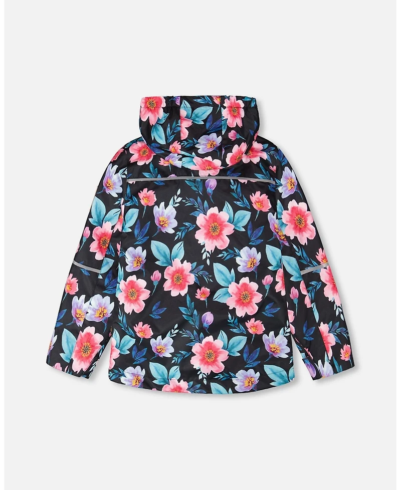 Deux par Girl 3-in-1 Two-Piece Mid-Season Outerwear Set Black Printed Flowers - Pink Inner Jacket Child