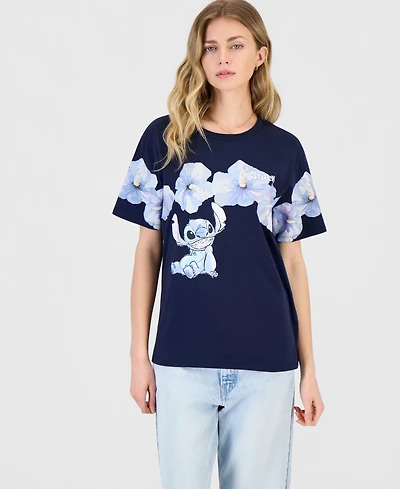Love Tribe Juniors' Stitch Hibiscus Graphic Crewneck T-Shirt