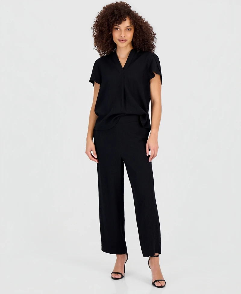 Anne Klein Essentials Petite Textured High Rise Pull-On Pants