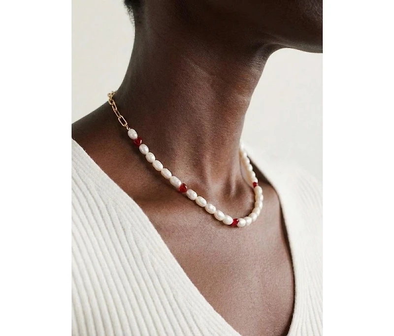 18K Gold Plated Freshwater Pearls with Charming Red Hearts - Akari Choker For Women