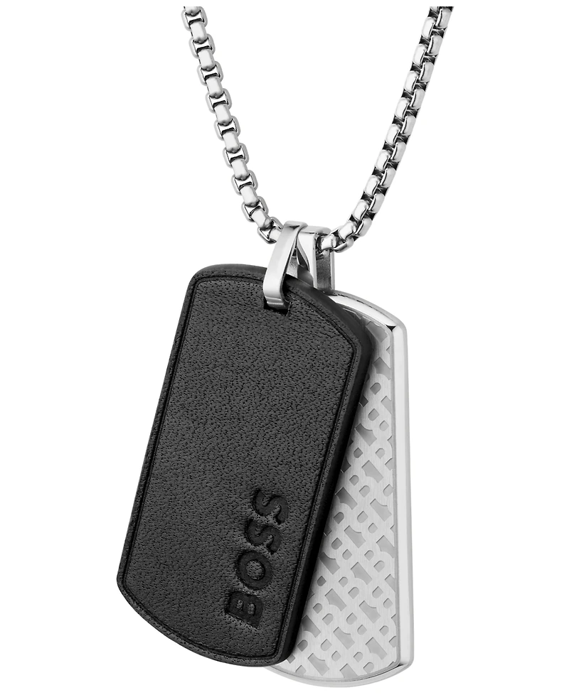 Hugo Boss Men Devon Stainless Steel Black Leather Necklace