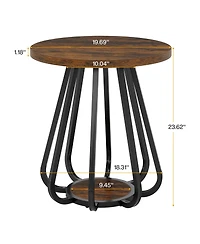 Tribesigns Small Round Side Table, 2-Tier Sofa End Table with Metal Frame and Lower Shelf, Wooden Bedside Nightstand, Vintage Brown & Black