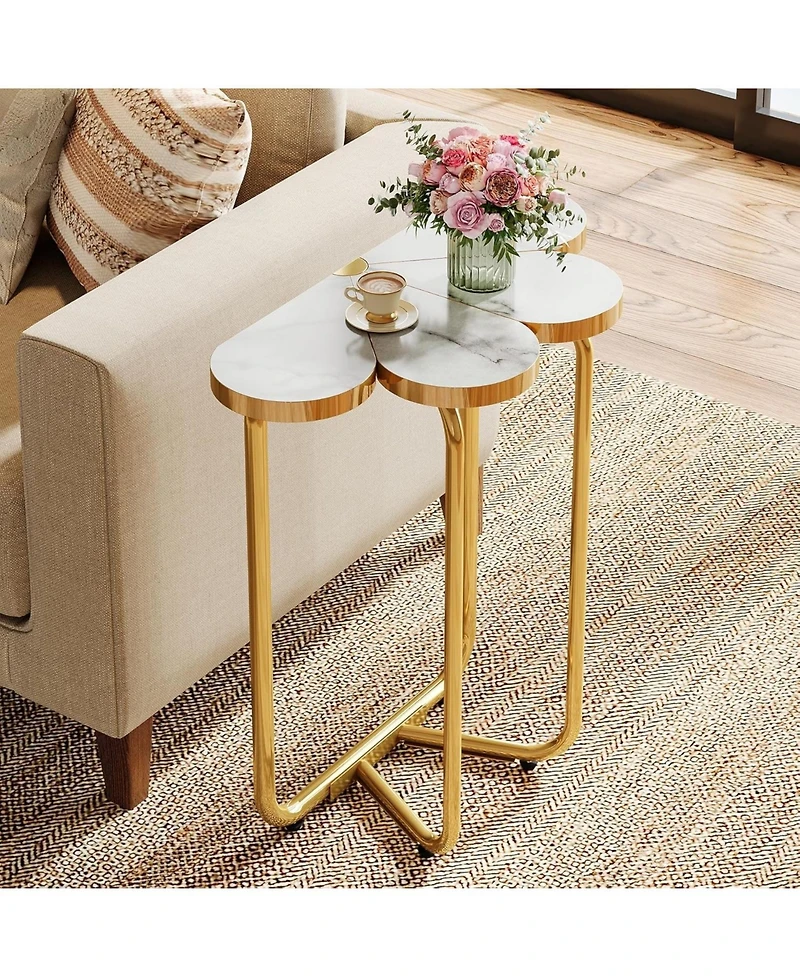 Tribesigns Narrow Side Table Set of 2, Half-Flower Accent Side Table with Stylish Gold Frame, 26-Inch Tall Faux Marble Nightstand