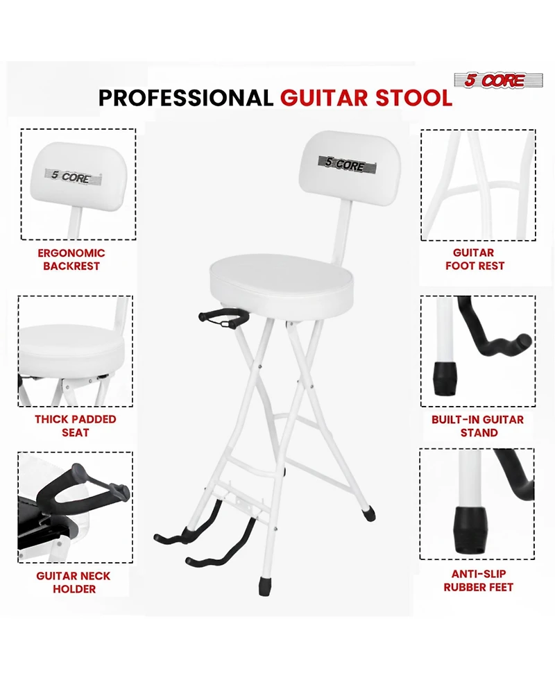 5 Core Guitar Stool 3.15" Padded Chair w Backrest Foldable Music Seat Built in Foot Rest Guitar Stand