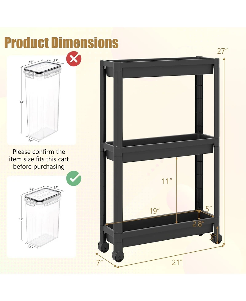 Volenca 3-Tier Slim Rolling Storage Cart 2-Pack with Wheels, Mobile Bathroom Organizer