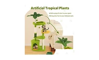 Aostirmotor Tropical-Themed Cat Tree with Self-Grooming Brush, 48-Inch Space-Saving Design with Scratching Posts, Green and Orange Leaves