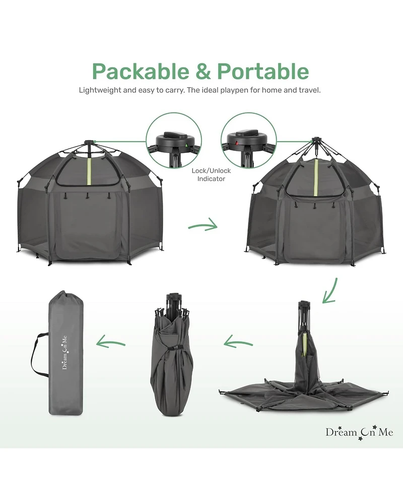 Dream On Me Baby Pop-Up Children Playpen, Instant One-Hand Open & Fold, Breathable Mesh Sides, Zipper Gate Travel Carry Bag