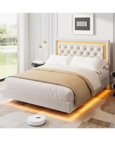 Gaomon Floating Bed Frame Size With Smart Led Lights Upholstered Platform Bed With Diamond Headboard Solid Wood Slats Support No Box Spring Needed