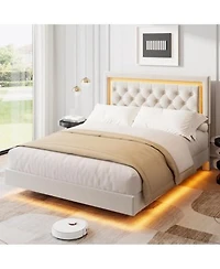 Gaomon Floating Bed Frame Size With Smart Led Lights Upholstered Platform Bed With Diamond Headboard Solid Wood Slats Support No Box Spring Needed