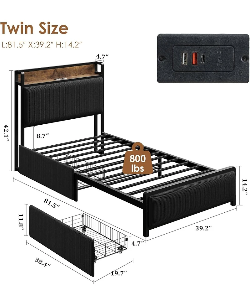 Twin Bed Frame with 2 Storage Drawers and Charging Station, Rustic Velvet Upholstered Platform Bedframe Headboard, No Box Spring