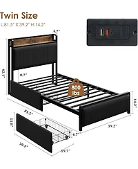 Twin Bed Frame with 2 Storage Drawers and Charging Station, Rustic Velvet Upholstered Platform Bedframe Headboard, No Box Spring